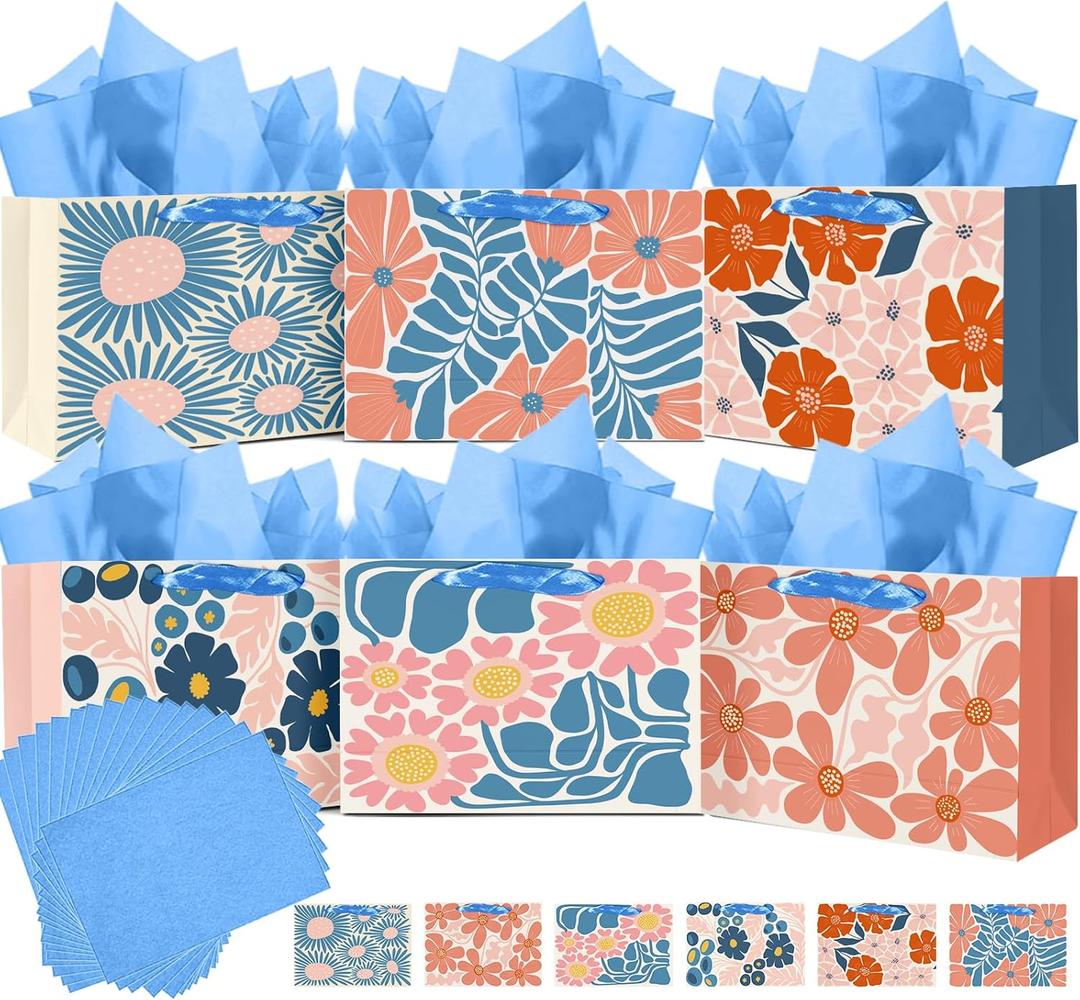 qiqee Medium Paper Gift Bags with Tissue Paper Handles 6PCS Winter Flowers Cardboard Floral Gift Bags for Women Mom Grandma Party Supply (6PCS Bags+Tissue Paper)