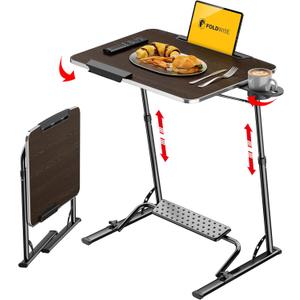 FoldWise Upgraded Folding TV Tray Table - Extra Large & Sturdy Laptop Table for Couch, Height & Angle Adjustable Desk for Dinner, Work & TV - Includes Footrest, Cup Holder, iPad Holder & Edge Stopper ((Black) - Dark Wood Mahogany)