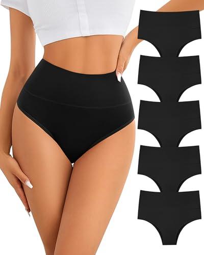 ASIMOON Tummy Control Underwear High Waisted Cotton Bikini Panties for Women Elastic No Muffin Cheeky Panty 2 Pack XL