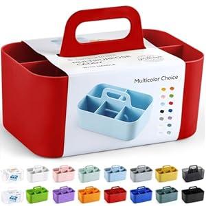Multiuse Caddy Organizer with Handle - Stackable Plastic Tote Bin - Art Craft Supplies, Office, Desk, Stationery Pen Holder, Kitchen, Utensil, Makeup, Bathroom, Shower, Cleaning, Dorm Organizer - Red