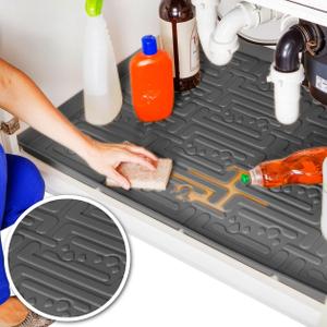 XTREME MATS Waterproof Undersink Mat (Gray 34" 1/4 x 19 1/4) Cabinet Base Liner for Bathroom Vanity Cabinets Catches Leaks Prevents Damage Flexible Driptray