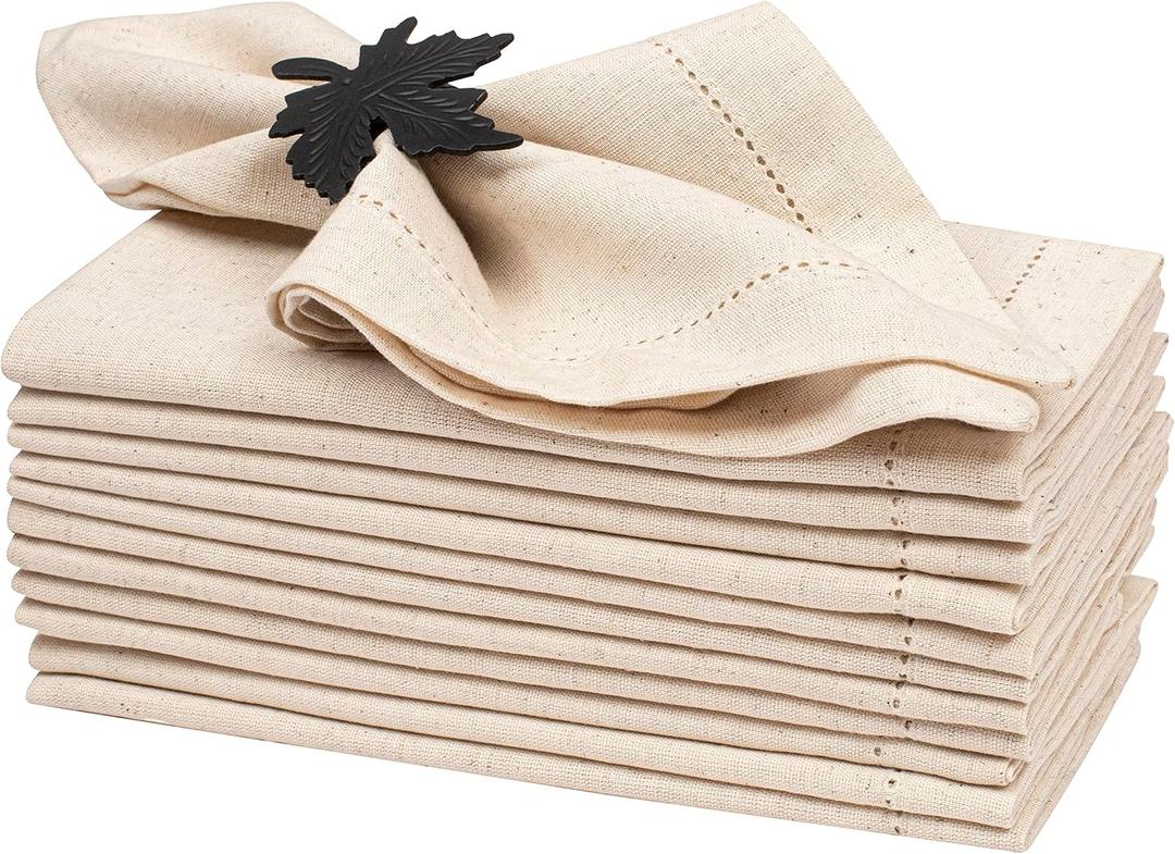 Lightnpro Flax Linen Napkins Set of 12 Hemstitched Dinner Cloth Napkins, Washable and Reusable Natural Flax Napkins for Dining, Parties, Weddings, Holiday & Everyday Use 18x18 Inch Natural Color