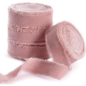 Natural Rustic Cotton Ribbon with Frayed Edge, Dusty Pink 100% Cotton Ribbon 5/8" x 24yds for Vintage Wedding Bouquets,Invitations,Baby Shower,Gift Wrapping,DIY Crafts,Home Decor