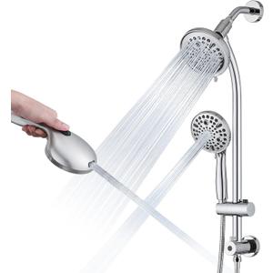 Rainfall Shower Head with Handheld Shower Spray, with 26" Drill Free Adjustable Height Slider Bar, High Pressure Dual Shower Head Combo, 3-Way Diverter for Easy Reach, 5Ft Hose - Chrome Finish