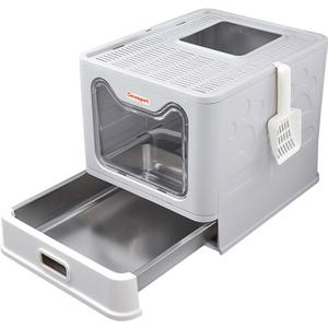 Stainless Steel Cat Litter Box with Lid, Enclosed Cat Litter Boxes, Covered Top Entry Litter Box, Foldable Large Metal Box with Cover