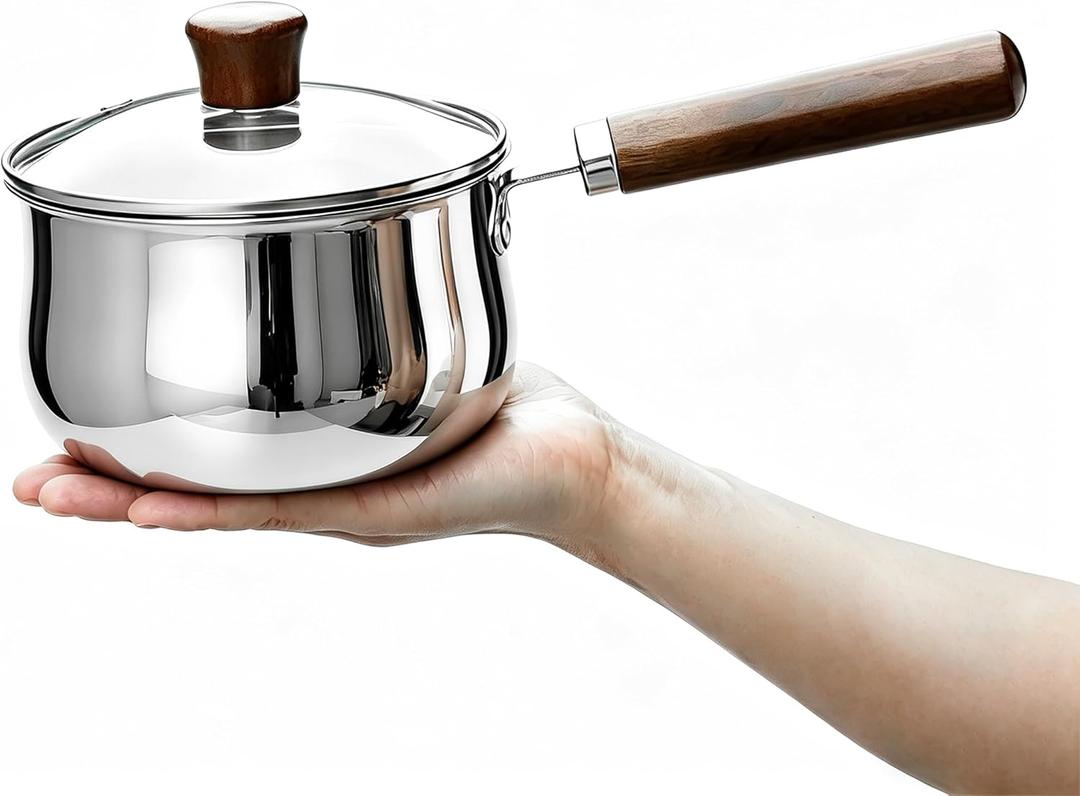 GREATLINK Small Sauce Pan with Lid and Wooden Handle for Cooking - 1 Quart Stainless Steel Saucepan with Pour Spout for Heating Milk, Melting Chocolate, Warming Sauces - Small Pot for All Cooktop