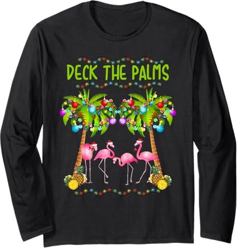 Deck the Palms Merry Pink Flamingo Christmas Hawaiian Long Sleeve T-Shirt, Small