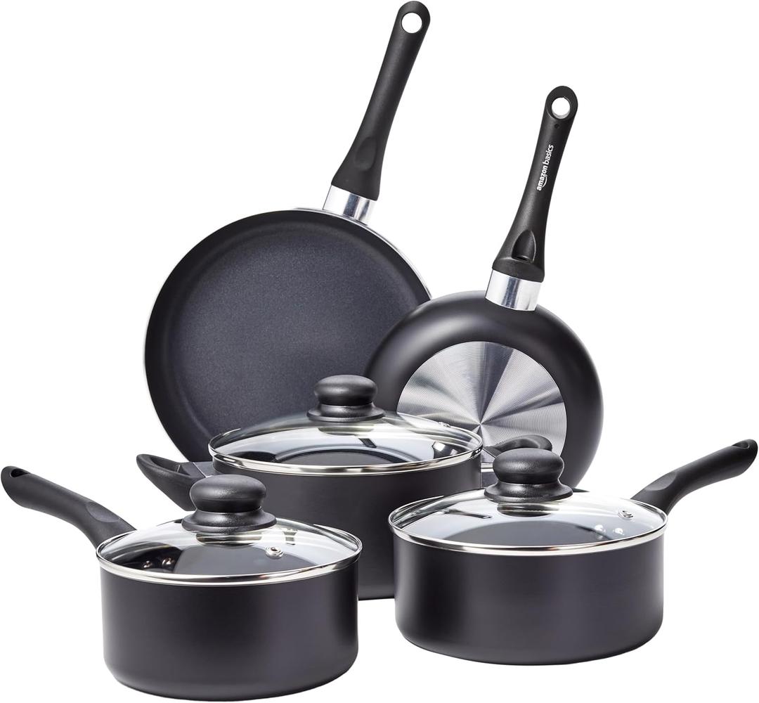 Amazon Basics Ceramic Non-Stick Cookware 8-Piece Set, Pots and Pans, Black 8 Piece Set, Pots & Pans