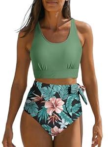 Dokotoo Two Piece Swimsuit for Women Tropical Print Fashion Crewneck Racerback Sexy High Waisted Swimsuits, Green Small