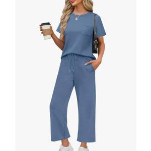 WIHOLL 2 Piece Sets for Women Casual Summer Travel Vacation Outfits Short Sleeve Wide Leg Crop Pants Lounge Sets, Size: XL