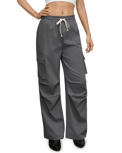 CAENP with 4 Pockets Womens High Waisted Wide Leg Cargo Pants Baggy Casual Trendy Work Pants Dark Gray XXL