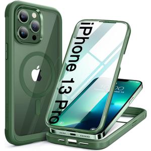 Miracase Magnetic Glass for iPhone 13 Pro Case,Compatible with MagSafe,Full-Body Bumper with Shockproof Military-Grade,Built-in 9H Tempered Glass Screen Protector for iPhone 13 Pro,Acacia Green