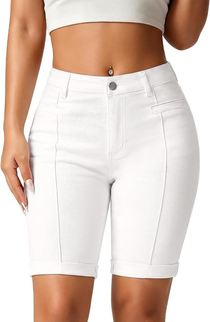 roswear Women's Jean Shorts Stretchy Skinny Knee Length Bermuda Shorts with Front Seam (White, M)