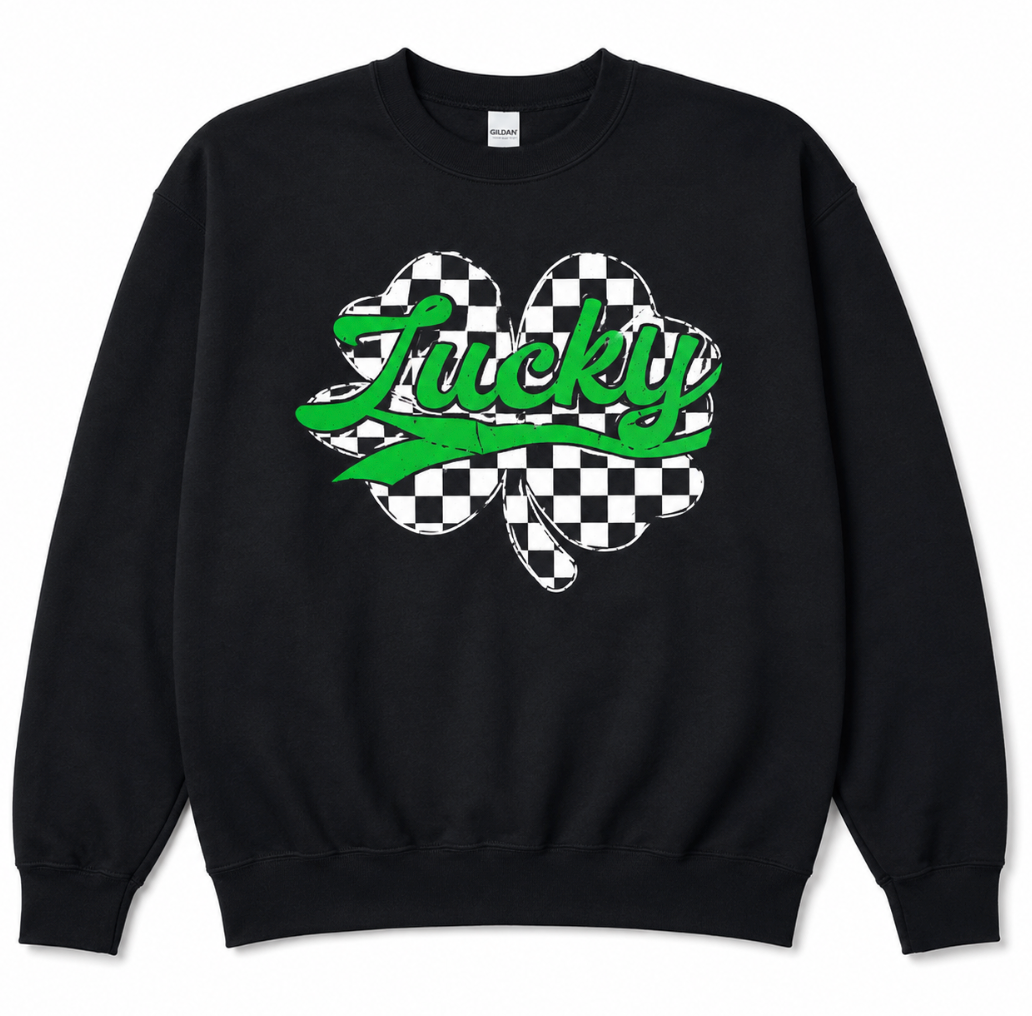 Retro Checkered St Patricks Day Lucky Shamrock Coquette Bow Sweatshirt, Size Small