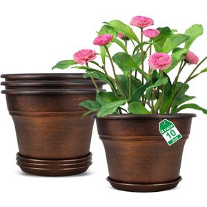 Fodetyff 10 Inch Planters Plant Pots Indoor Outdoor, 4 Pack Plastic Flower Pot for Indoor Plants with Drainage Holes & Trays, Resin Decorative Container Sets with Saucer for House Garden Copper