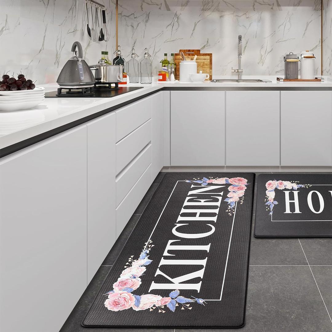 Flowers Home Kitchen Mat Sets 2PCS Non Skid Waterproof Kitchen Rugs and Runner Sets Cushioned Anti-Fatigue Comfort Mat for Home,Office Memory Foam Kitchen Rug, 17.3"30"+17.3"47",Black