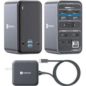 TobenONE USB C Docking Station Dual Monitor with 100W GaN Charger, Laptop Dual HDMI Docking Station with 7 USB, SD/TF, Ethernet, and Audio/Mic, 15 in 1 USB C Dock for Windows, and ChromeOS