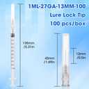 100 Pack 1ml 27Ga 13mm Lab Syringe Tools with Measurement, Individually Packed