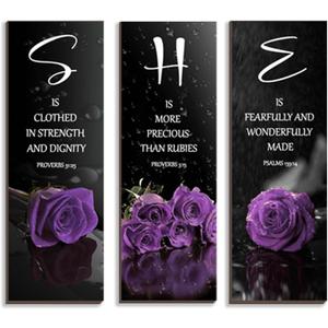 DONFENTHY 3 Pcs Purple Bedroom Decor Rose Wooden Wall Decor Inspirational Farmhouse Office Signs With SHE Bible Words Decor For Women Girl Bedroom Home(Purple 12x4Inch)
