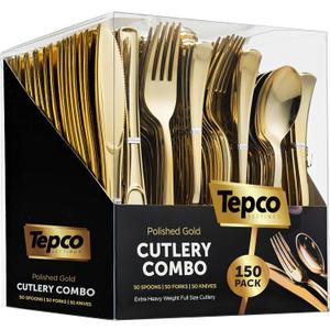 150 Gold Plastic Silverware Set - Disposable Flatware - 50 Forks, 50 Spoons, 50 Knives - Heavy Duty Cutlery for Party Bulk