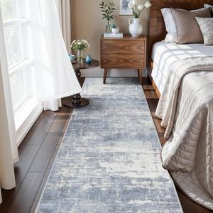 Hallway 2x8 Washable Runner Rug: Abstract Stain Resistant Kitchen Entryway Rugs Farmhouse Ultra Soft Bathroom Bedroom Print Floor Mat Thin Non-Slip Indoor Carpet for Living Room Laudry(2x8,Blue/ivory)