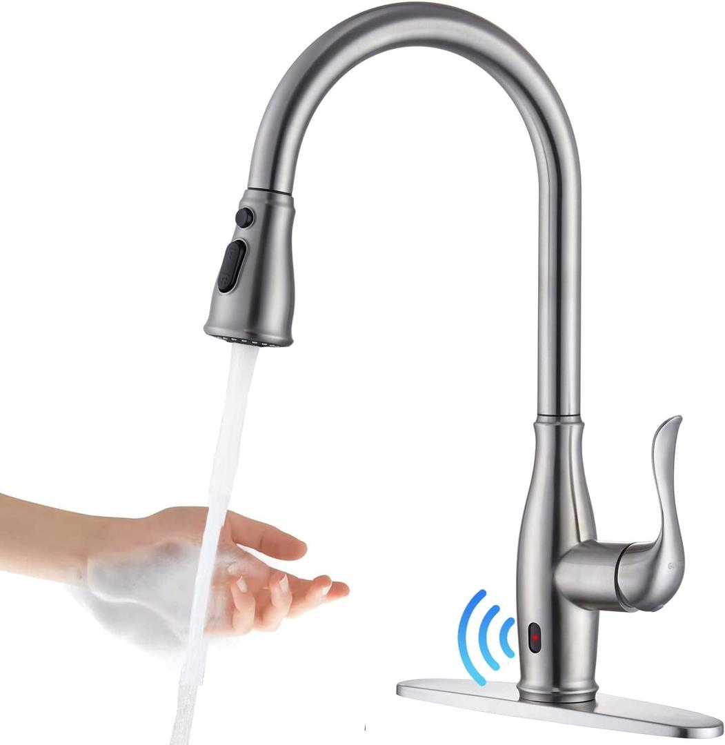 Touchless Kitchen Faucet with Pull Down Sprayer, Motion Sensor Smart Hands-Free Automatic Single Handle Kitchen Sink Faucet, Stainless Steel Brushed Nickel Finish