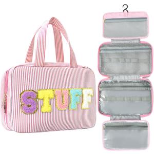 Travel Toiletry Bag for Women Chenille Letter Cosmetic Bag Fashion Stripes Water-resistant Makeup Bag with Hanging Hook for Store Toiletries Cosmetic Accessories Medium Pink