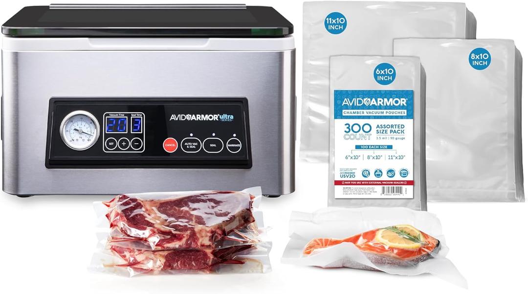 Avid Armor USV20 Ultra Series Chamber Vacuum Sealer Machine with Removable 11.5-Inch Bar for Wet Foods & Meat + 300 Pre-Cut BPA-Free Chamber Sealer Bags, Assorted Sizes 6"x10", 8"x10", 11"x10