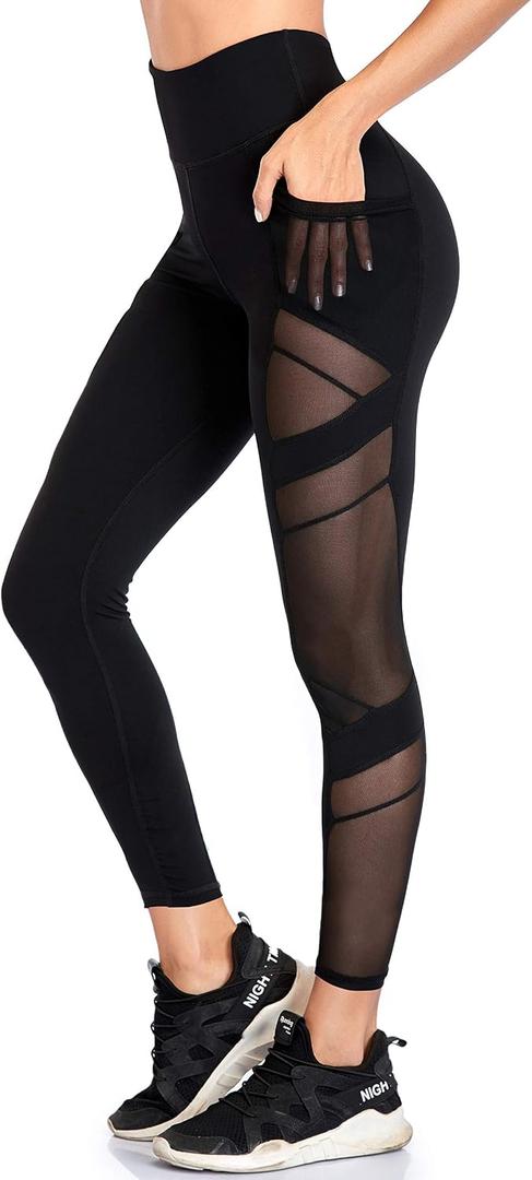 Women's Mesh High Waist Leggings Yoga Pants with Pockets Tummy Control 4 Way Stretch Workout Yoga Leggings (Black, XL)