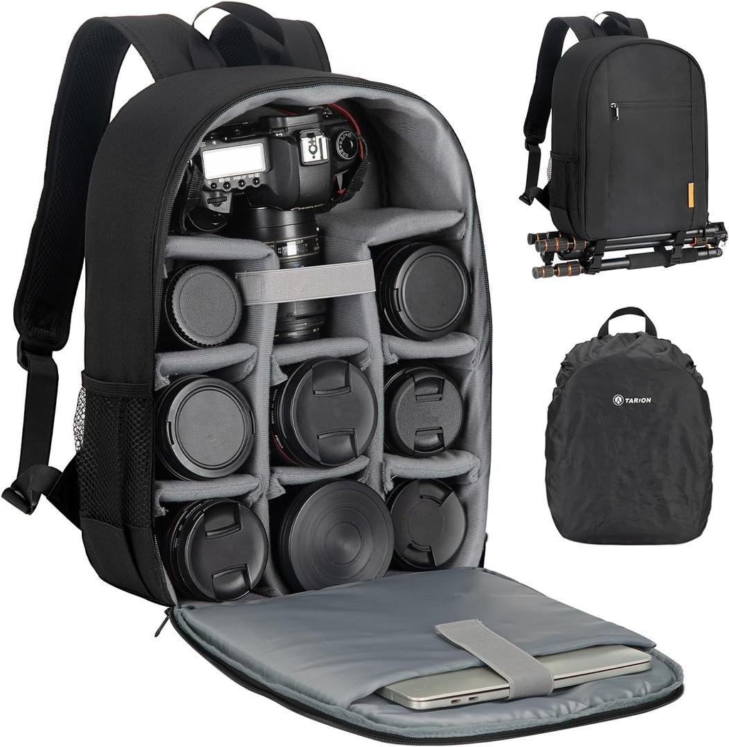 TARION Camera Bag DSLR Camera Backpack with Waterproof Raincover Laptop Compartment Photography Backpack Case Photo Bag for Women Men Photographers DSLR SLR Mirrorless Camera Lens Tripod Black TB-M