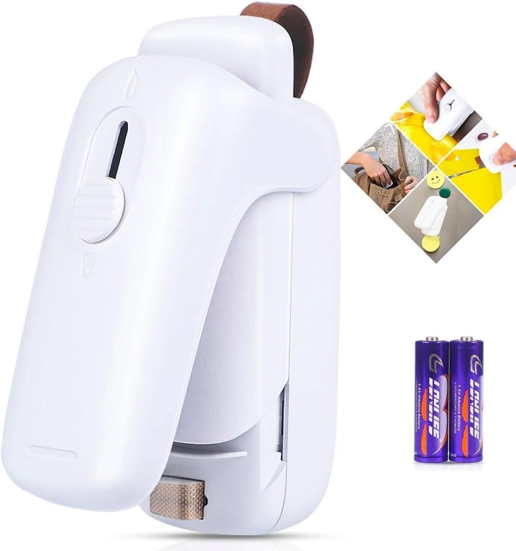 Mini Bag Sealer, Bag Sealer Heat Seal with Cutter, 2 in 1 Heat Sealer Portable Resealer Machine for Chip Bags, Plastic Snack Bags Food Storage (Batteries Included) (White)