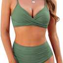 ZAFUL Women High Waisted Bikini Sets Two Piece Swimsuit Push Up Twist Front Ruched Bathing Suit (Medium, Army Green)