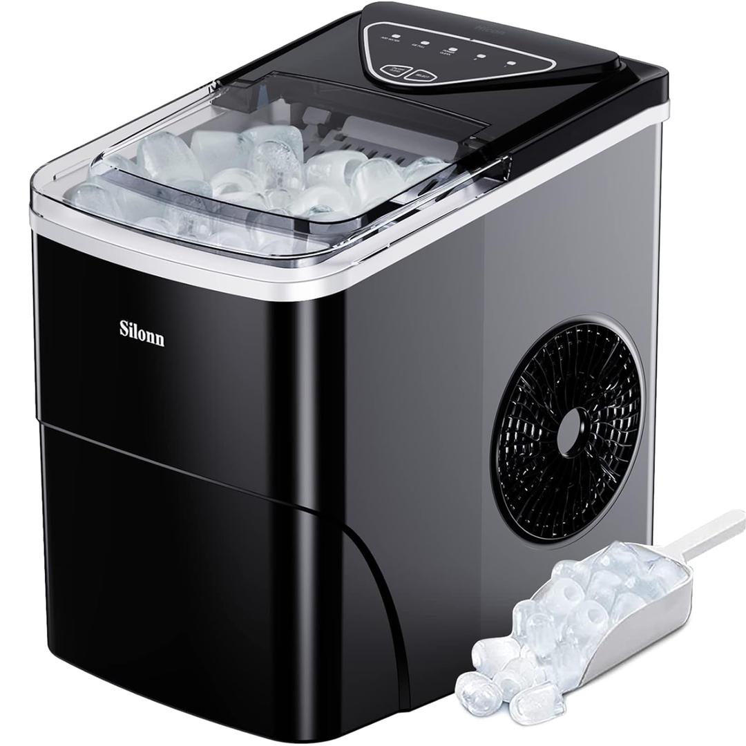 Silonn Ice Maker Countertop, 9 Cubes Ready in 6 Mins, 26lbs in 24Hrs, Self-Cleaning Ice Machine with Ice Scoop and Basket, 2 Sizes of Bullet Ice for Home Kitchen Office Bar Party (26lbs, Black)