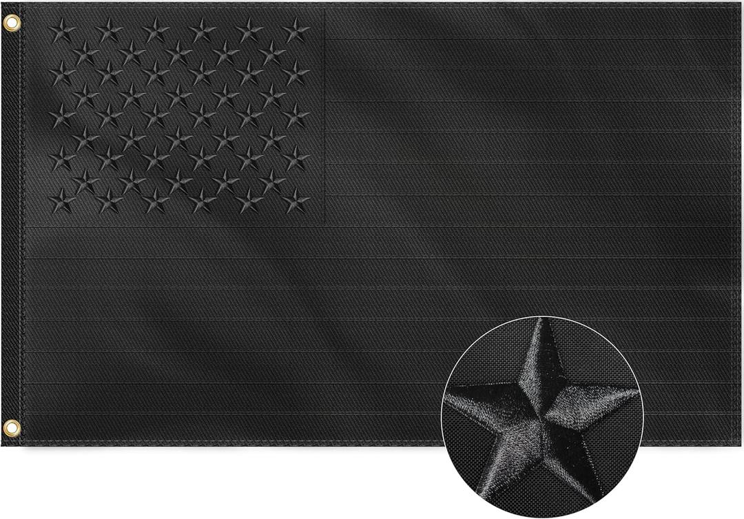 Black American Flag 3x5 Ft - Embroidered Stars and Sewn Stripes, Made from Heavy Duty Nylon - All Black US USA america flag, UV Protection Perfect for Outdoors