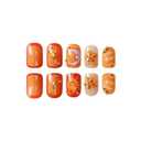 2 x Short Nails Press on Square Gold Nails 3D Fake Nails Orange False Nails with Sun&Moon Floral Designs Flower Stick on Nail Glossy Glue on Nail for Women Girls 24Pcs (Style25)