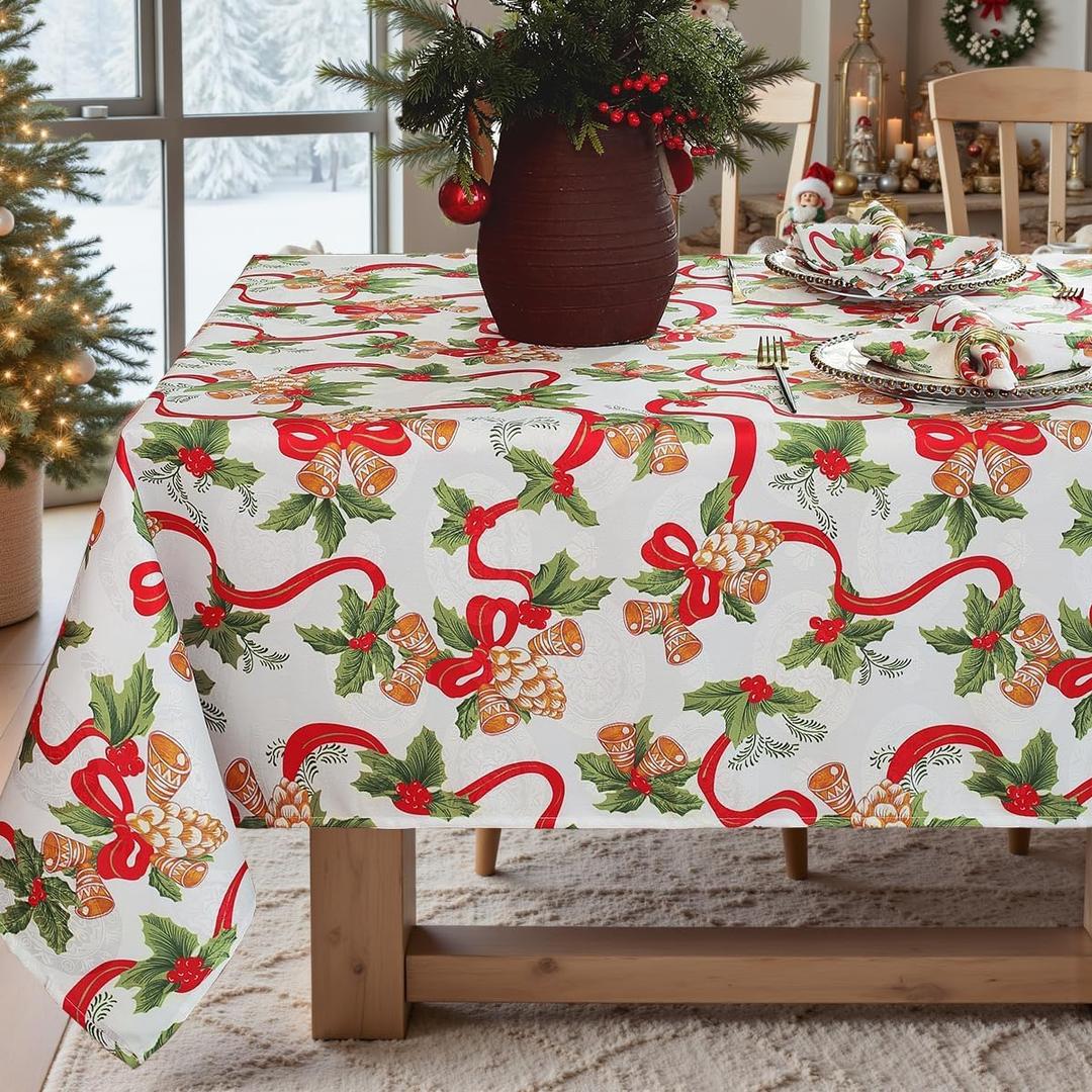 SASTYBALE Christmas Tablecloths Rectangular, Jacquard Table Cloth Printed with Jingle Bells & Holly Leaves, Stain Resistant Table Cover for Holiday Party Picnic Dinner Decor (Rectangle, 60" x 120")