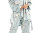 Escalier Women's Silk Satin Pajamas Set 3 Pcs Floral Silky Pj Sets Sleepwear Cami Nightwear with Robe and Pant (Large)