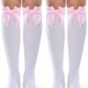 Syhood 2 Pairs Women's Satin Bow Knee High Socks, Elegant Long Socks for Christmas Costumes and Casual Wear (White, Pink)
