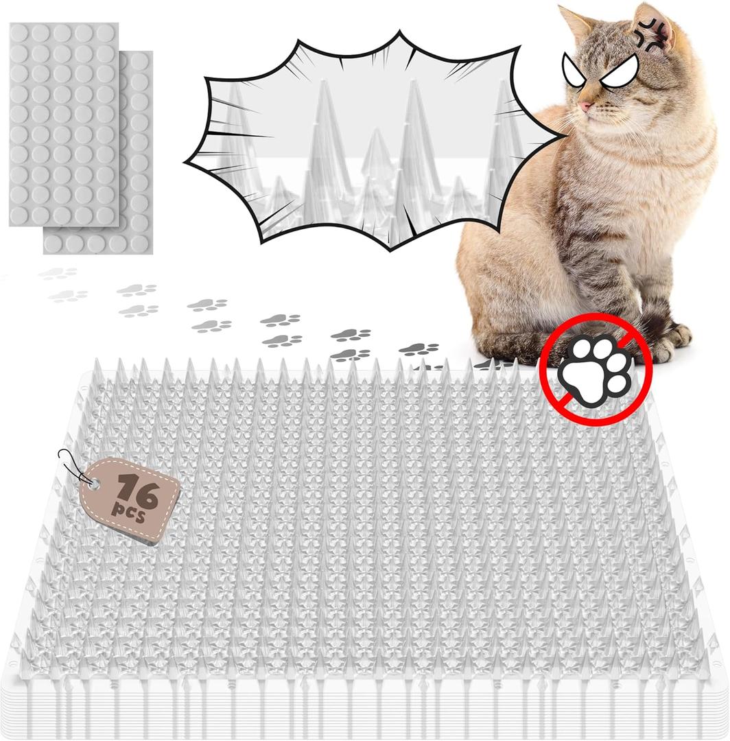 ohlela 16 Pack Upgraded Scat Mat for Cats - 16 x 13 Inch Cat Spikes with 1 Inch Spike is an Useful Cat Repellent Indoor & Outdoor Mat to Deter Pets. Dog Deterrent Indoor with 23sqft Area Coverage (Clear)