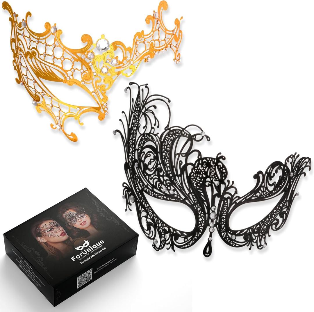 Masquerade Mask for Couples Women and Men - 3 Pack Venetian Gold and Black Lace, Mardi Gras Mask (Black)