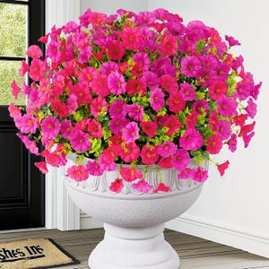 2 x Artificial Flowers for Outdoors, 14 Bundles Fake Outdoor Flowers, UV Resistant Artificial Outdoor Plants & Flowers for Decoration, Colorful Morning Glory for Garden Porch Yard Patio, Fuchsia & Red