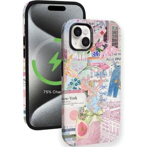 Compatible for iPhone 13 Pro Case Compatible with MagSafe [6ft Drop Tested] Rugged Shockproof Protective Phone Case for Women Girly Pink Cute Bows Florals Fashion Collage Design