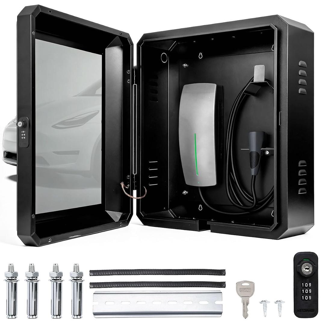 EV Charger Lock Enclosure Outdoor, Large Wall-Mount Box for Tesla Wall Connector (Gen 1-3), ChargePoint, Grizzl-E, Autel and Most EV Chargers, Multiple Cable Entry-23”×19”×10” Exterior Size