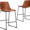 Sweetcrispy Bar Stools Set of 2, Counter Height Bar Stools with Back, 26 inch Armless Industrial Faux Leather Barstools with Metal Legs and Footrest, Dining Chairs for Home Island, Whiskey Brown