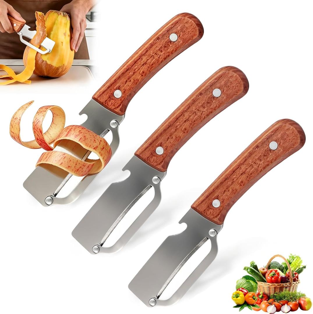 2 x 3 PCS Peeler with Wooden Handle, Bottle Opener, Vegetable Fruit Skin Peeling, Stainless Steel Blade Kitchen Tool