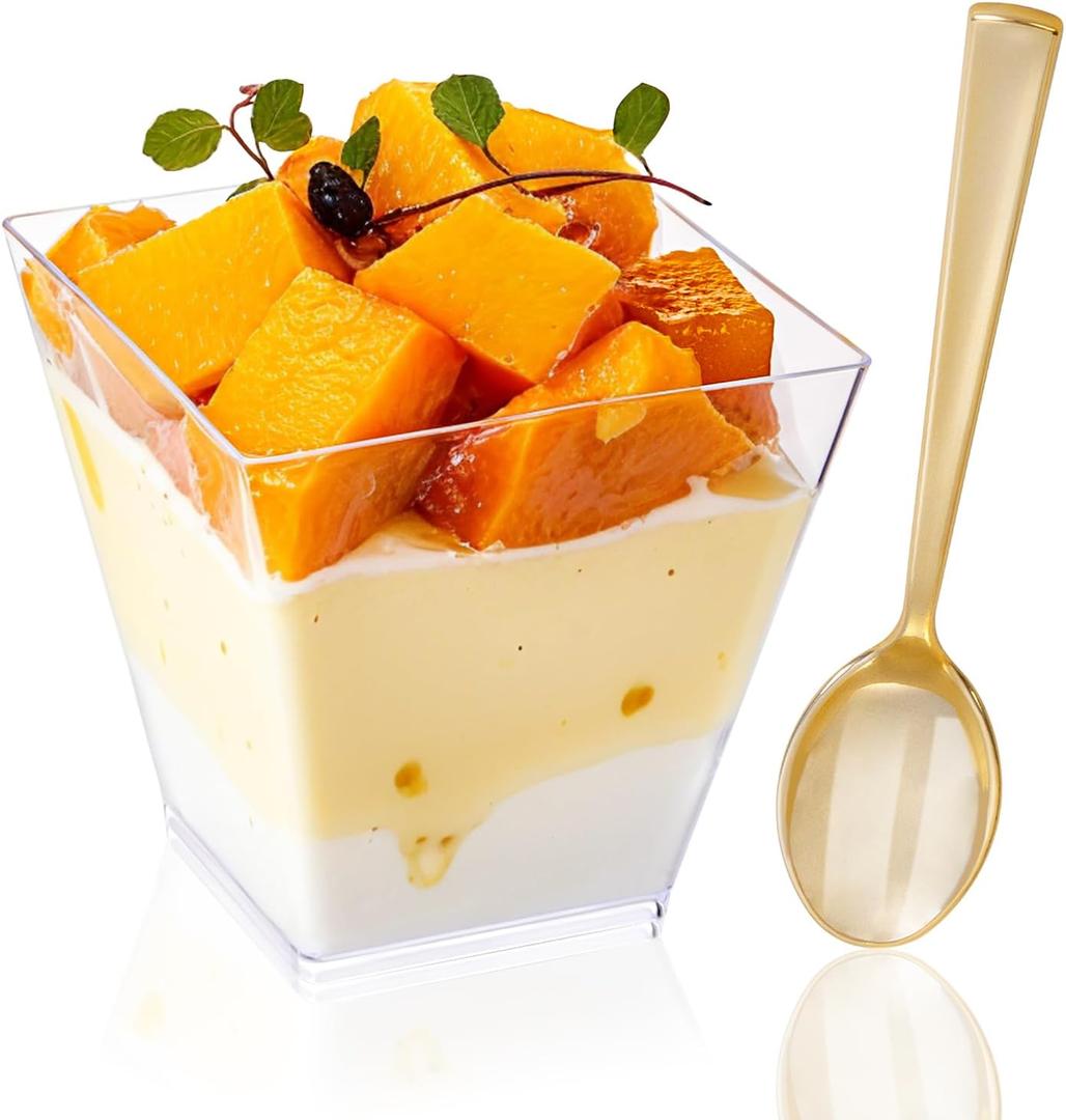 YOUBET 102PCS Clear Plastic Dessert Cups With Gold Plastic Spoons - 8oz Dessert Bowls - 51Disposable Square Plastics Cups & 51Gold Spoons Perfect for Ice Cream, Desserts, Appetizers Weddings Party