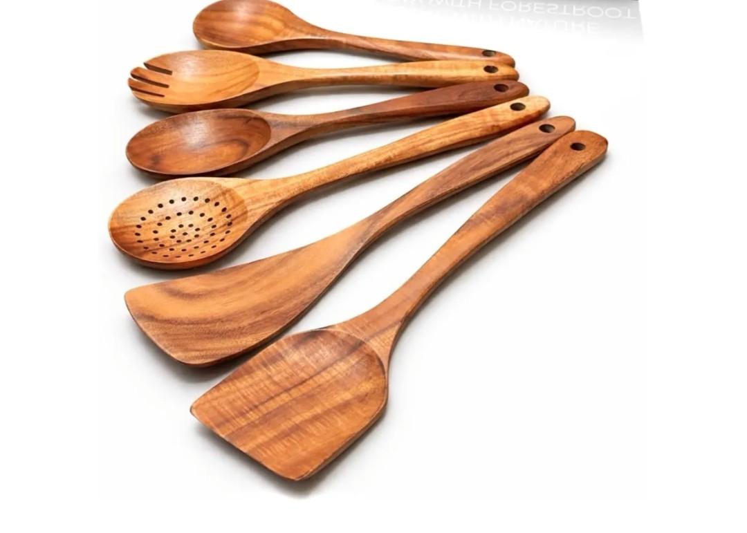 6-Piece Wooden Utensil Set – Premium Teak Wood Cooking Spoons & Spatulas, Non-Stick, Heat-Resistant, Durable & Eco-Friendly Kitchen Tools for Cooking & Serving
