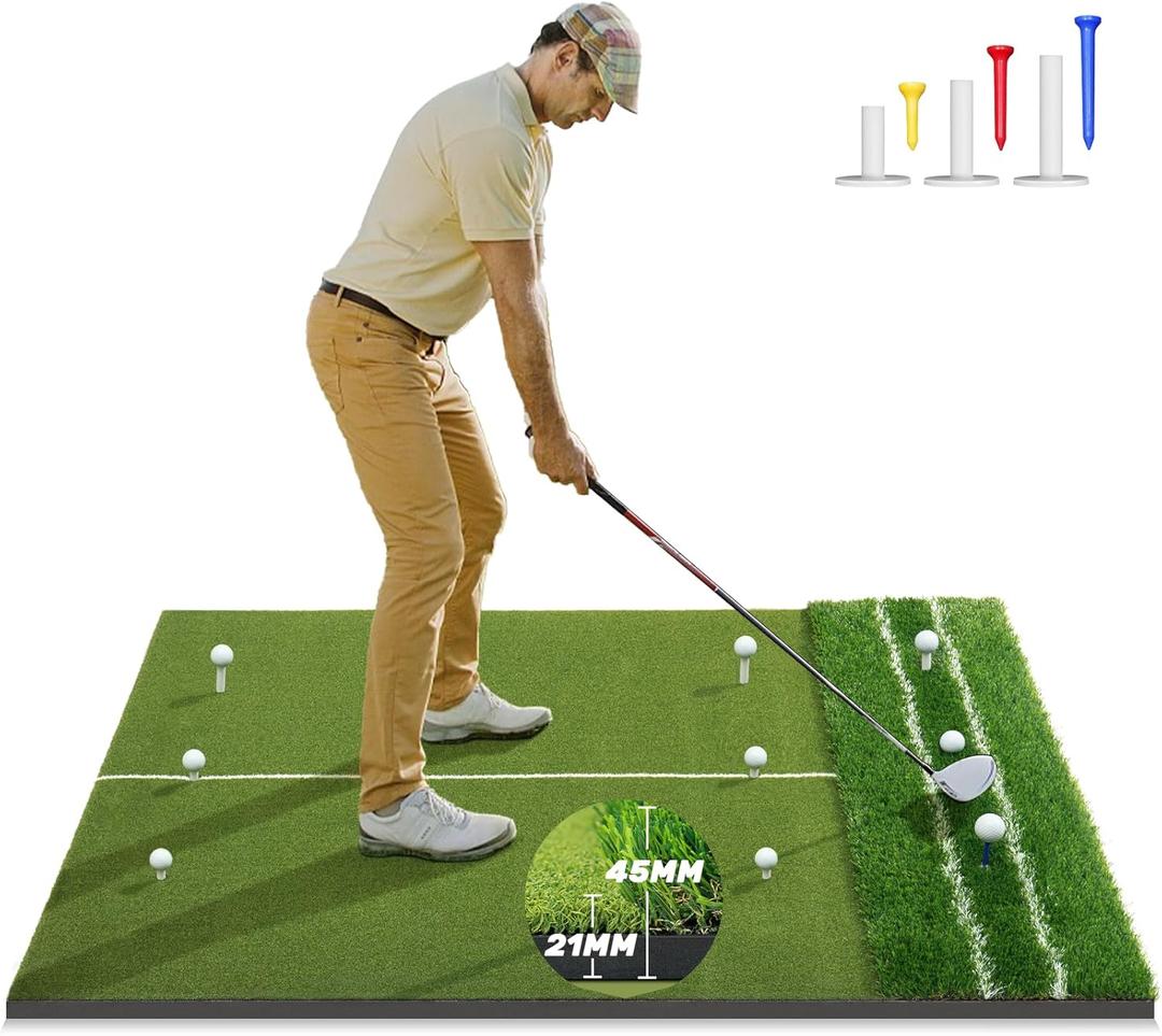 Premium Dual-Turf 5x4ft Golf Mat:10MM & 15MM Upgraded Golf Hitting Mat, Alignment & Angle of Approach Aid, Indoor/Outdoor Practice, Green,Ideal Golf Valentine's Day Gifts