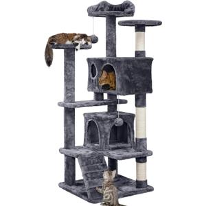 Yaheetech 54in Cat Tree, Multi-Level Cat Tower with Spacious Kitten-ear Perch, 2 Cozy Caves, Scratching Posts, Climbing Ladder, 2 Plush Balls, Durable Pet House Furniture for Indoor Kittens, Dark Gray