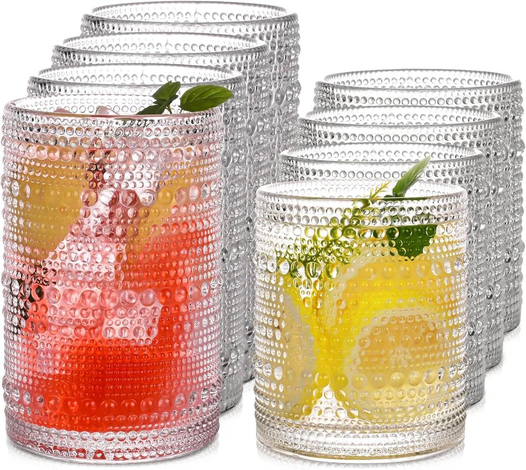 Vintage Hobnail Drinking Glasses Set of 8, 15 oz Highball Glasses & 12 oz Cocktail Glasses, Drinkware Kitchen Glasses for Cocktail, Iced Coffee, Beer, Ice Tea, Wine, Whiskey, Water